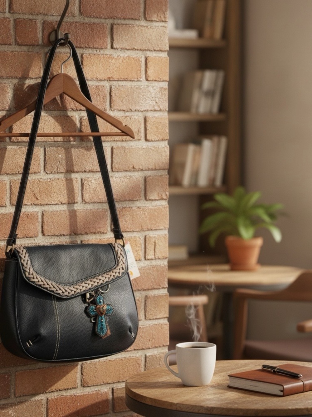 Chala Crossbody NWT Vegan Leather Purse Black With Brown Weaved  & Accents
